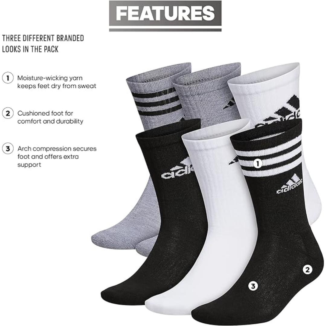 Adidas Men's Athletic Cushioned 6-Pack Assorted Compression Socks