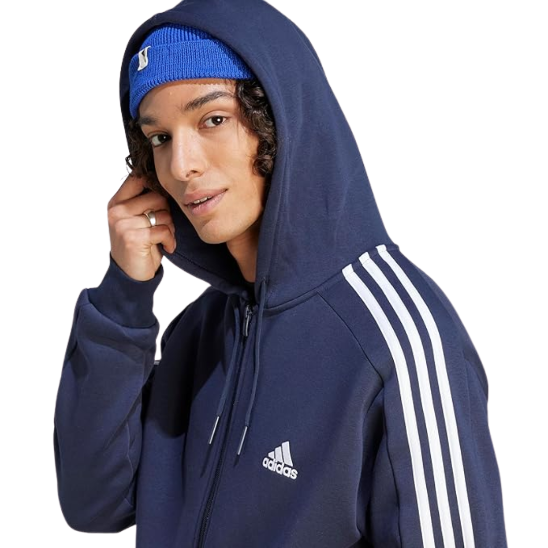 Adidas Men's Essentials Fleece 3-Stripes Full-Zip Hoodie Navy GK9033
