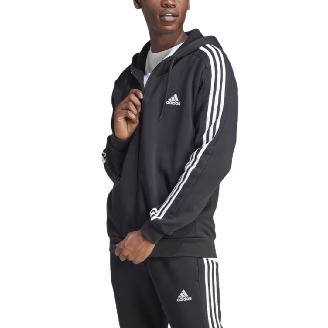 Adidas Men's Essentials Fleece 3-Stripes Full-Zip Hoodie – Black IB4029