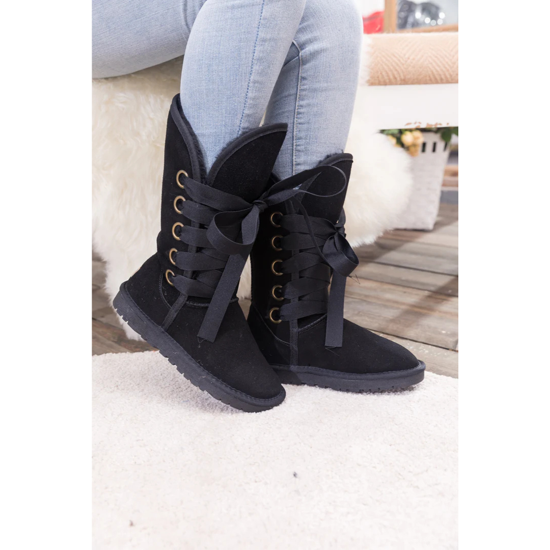 Smaibulun Black Ribbon Lace-up Faux Fur Lined Suede Boots