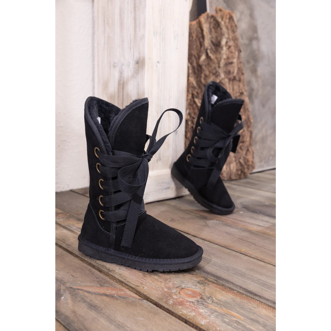 Smaibulun Black Ribbon Lace-up Faux Fur Lined Suede Boots