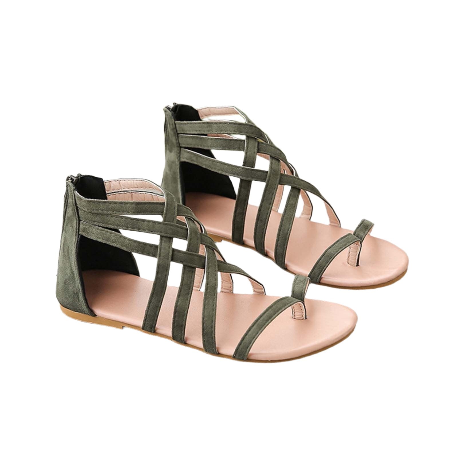 Women Summer Sandals Dark Green Loop Toe Shoes