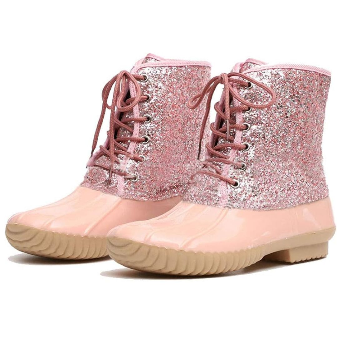 Suyu Duck Boots Lace Up Sparkle Waterproof Rain Boots