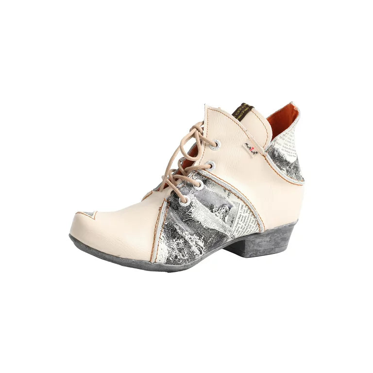 TMA EYES Lace Up Newspaper Print Leather Women's Ankle Boots