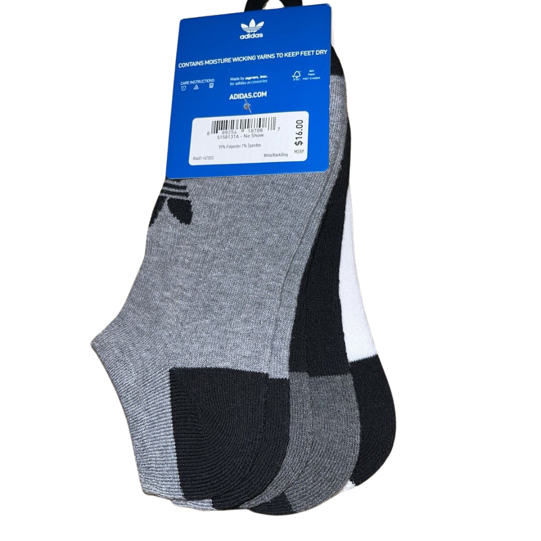 Adidas 3 Pairs No Show Socks Black White Grey Size 6-12
