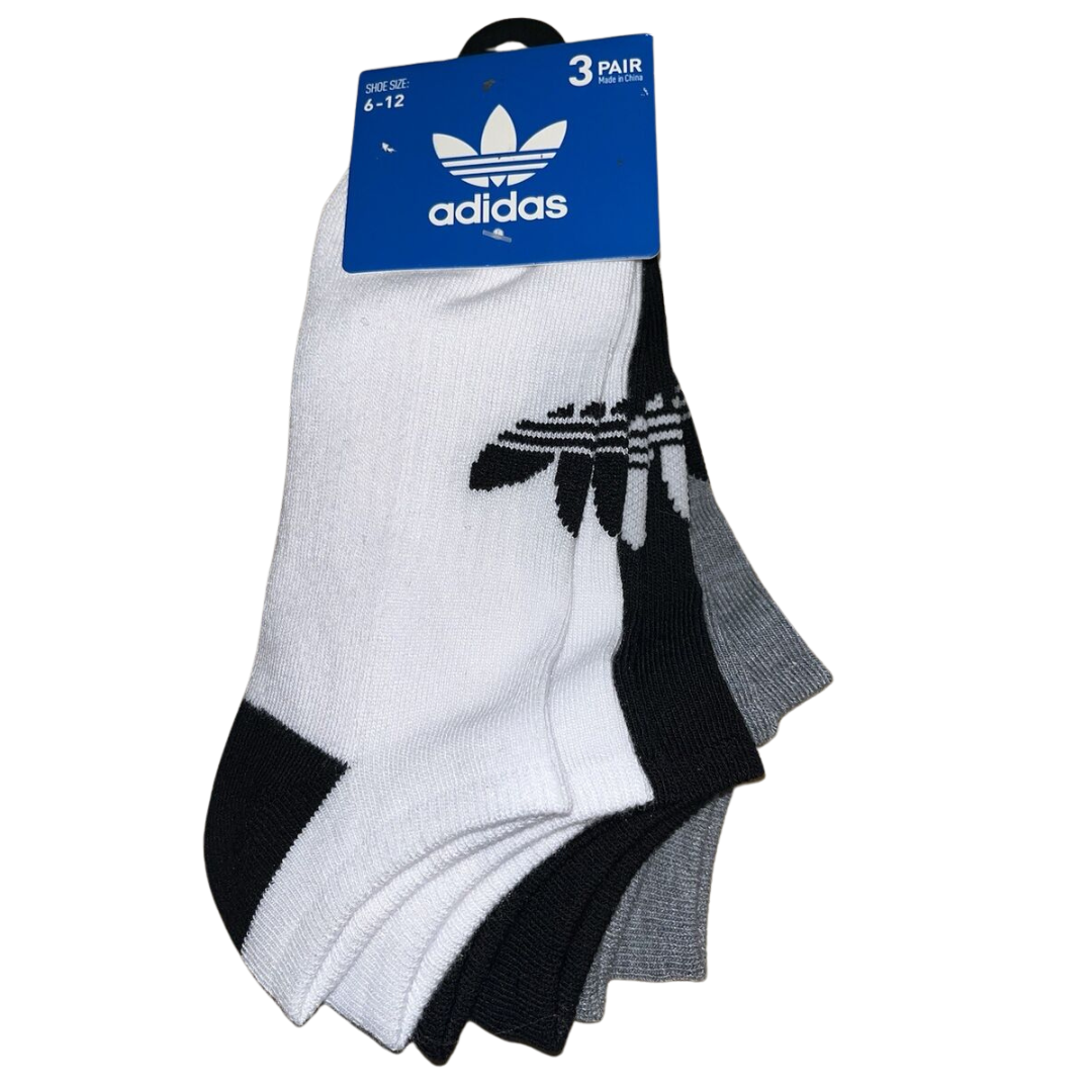 Adidas 3 Pairs No Show Socks Black White Grey Size 6-12