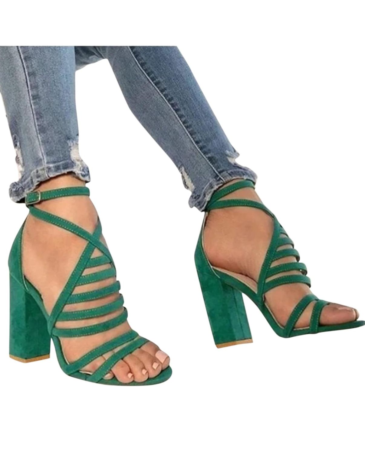 Zapatos de tacón alto con tiras en la parte delantera para mujer, de color verde