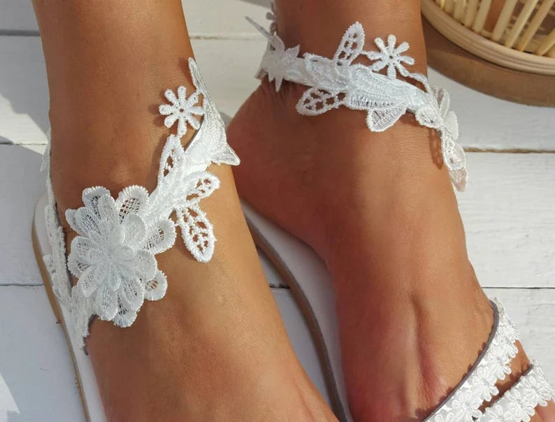 White Women Sandals Decorated with Flower Lace