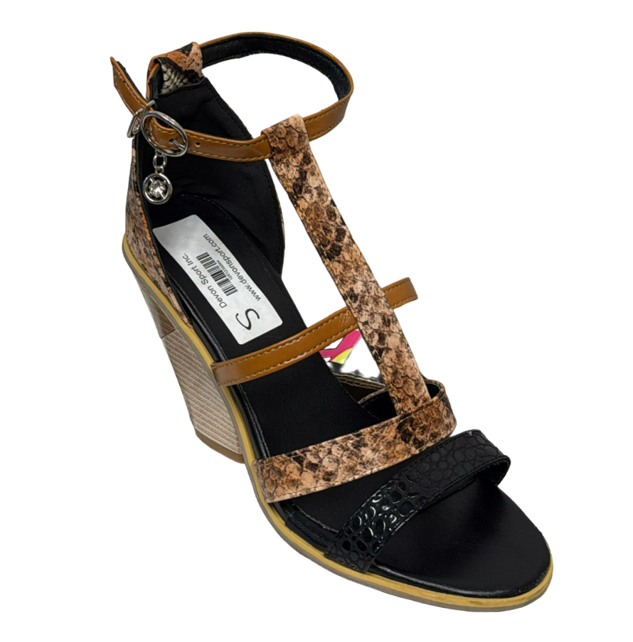 Women's Brown Snake Embossed Contrast T-Strap Heel Sandals