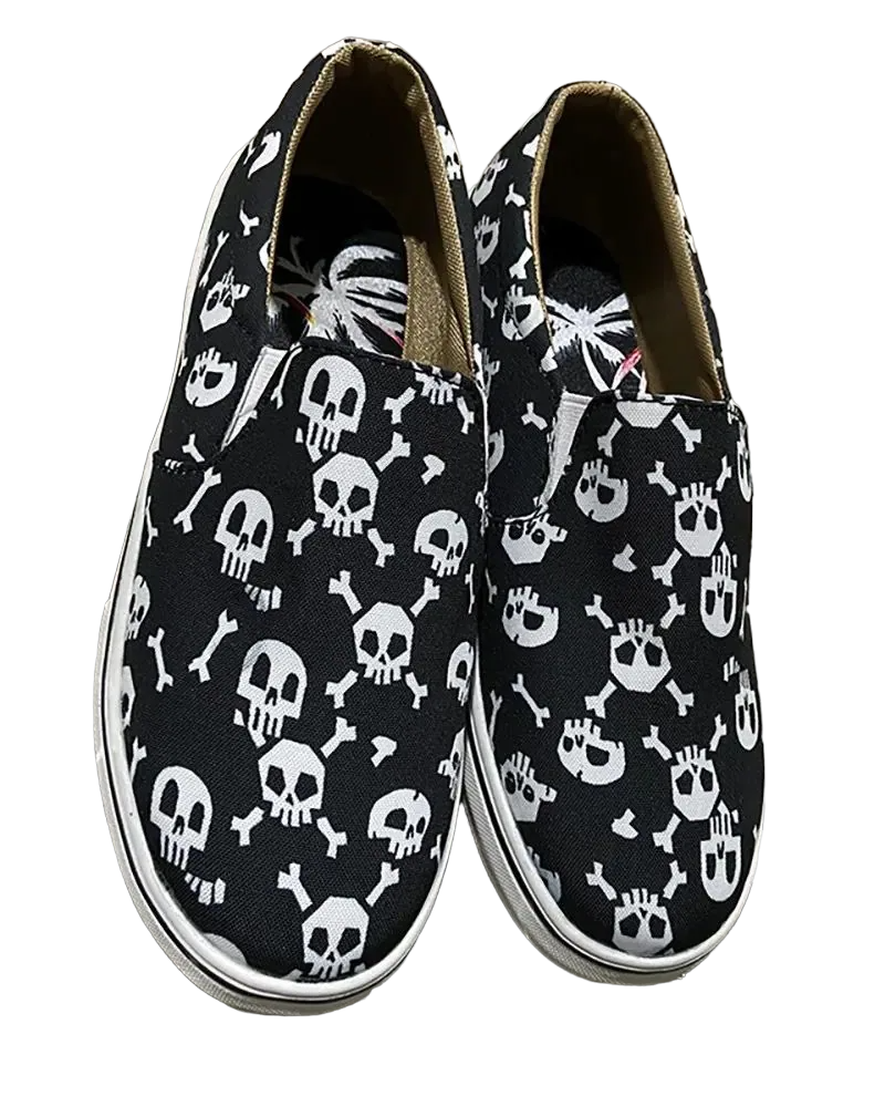 Fashion Women's Black & White Skull & Bones Slip-On Sneaker