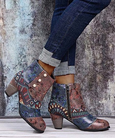 Dark Brown Women's Abstract Patchwork Ankle Boot