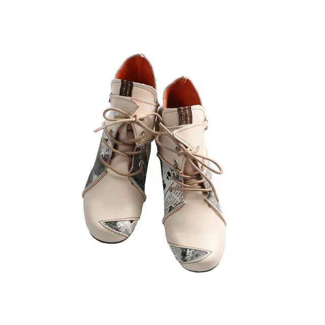 TMA EYES Lace Up Newspaper Print Leather Women's Ankle Boots