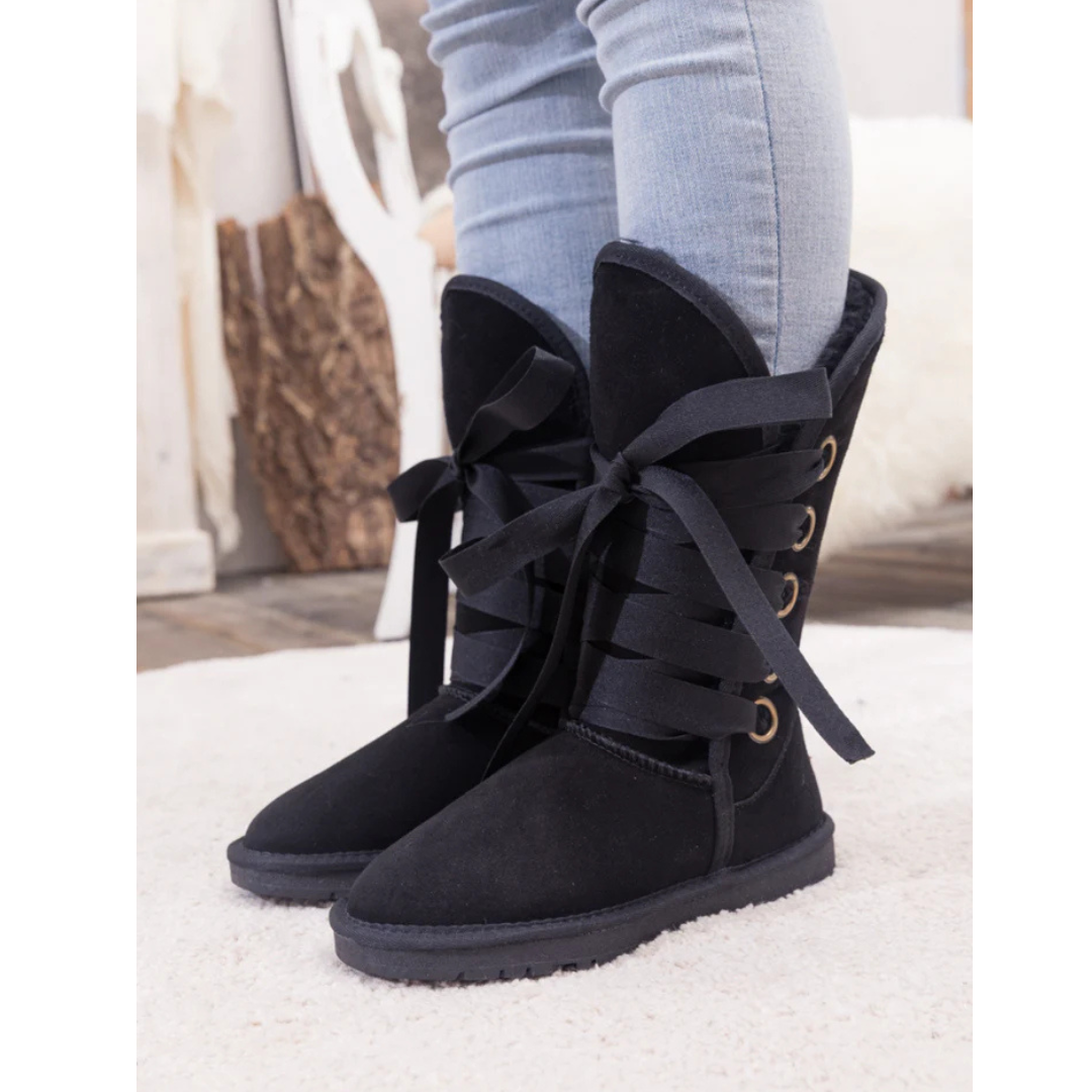 Smaibulun Black Ribbon Lace-up Faux Fur Lined Suede Boots