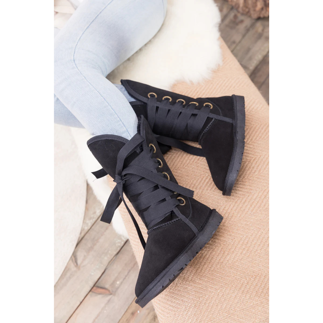 Smaibulun Black Ribbon Lace-up Faux Fur Lined Suede Boots