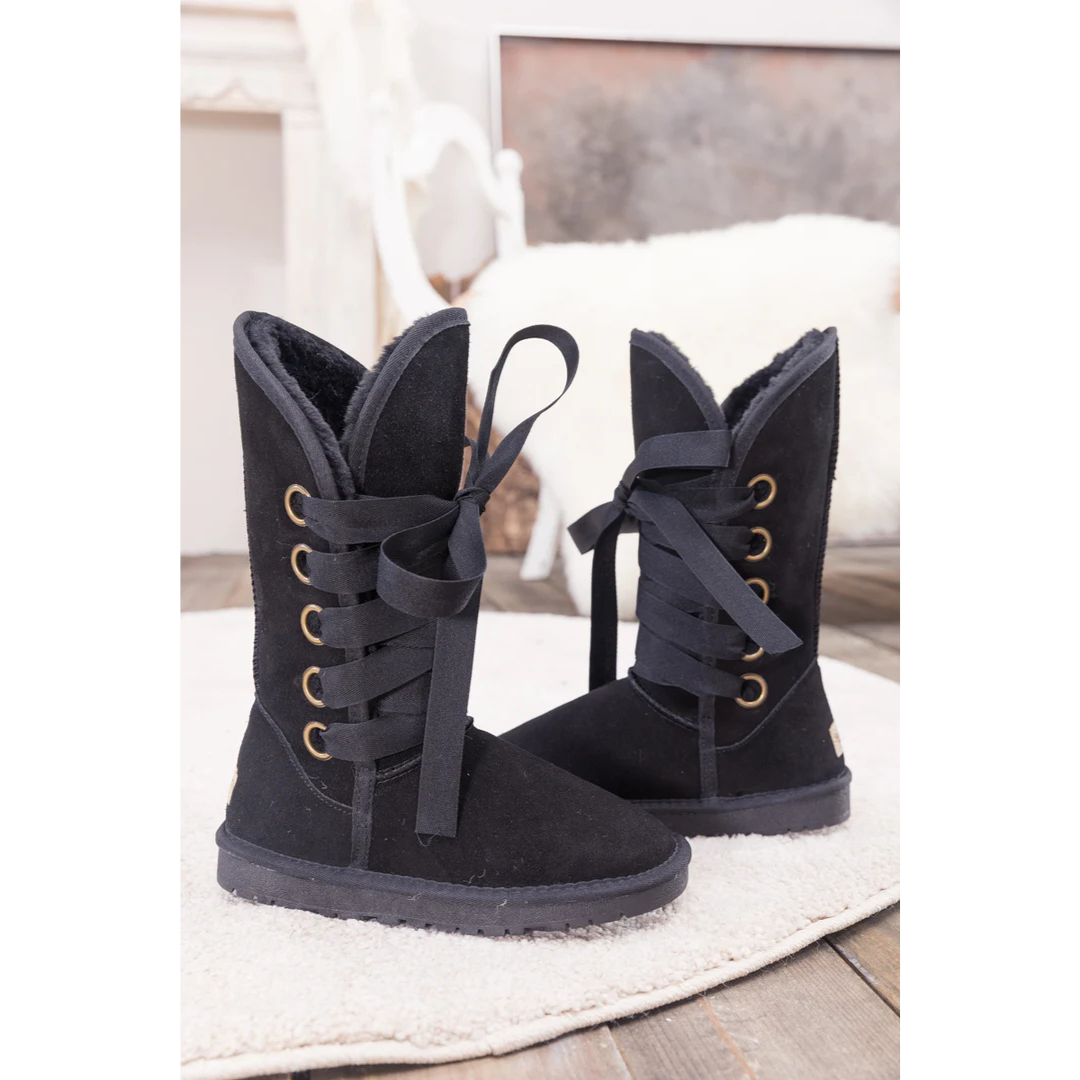 Smaibulun Black Ribbon Lace-up Faux Fur Lined Suede Boots