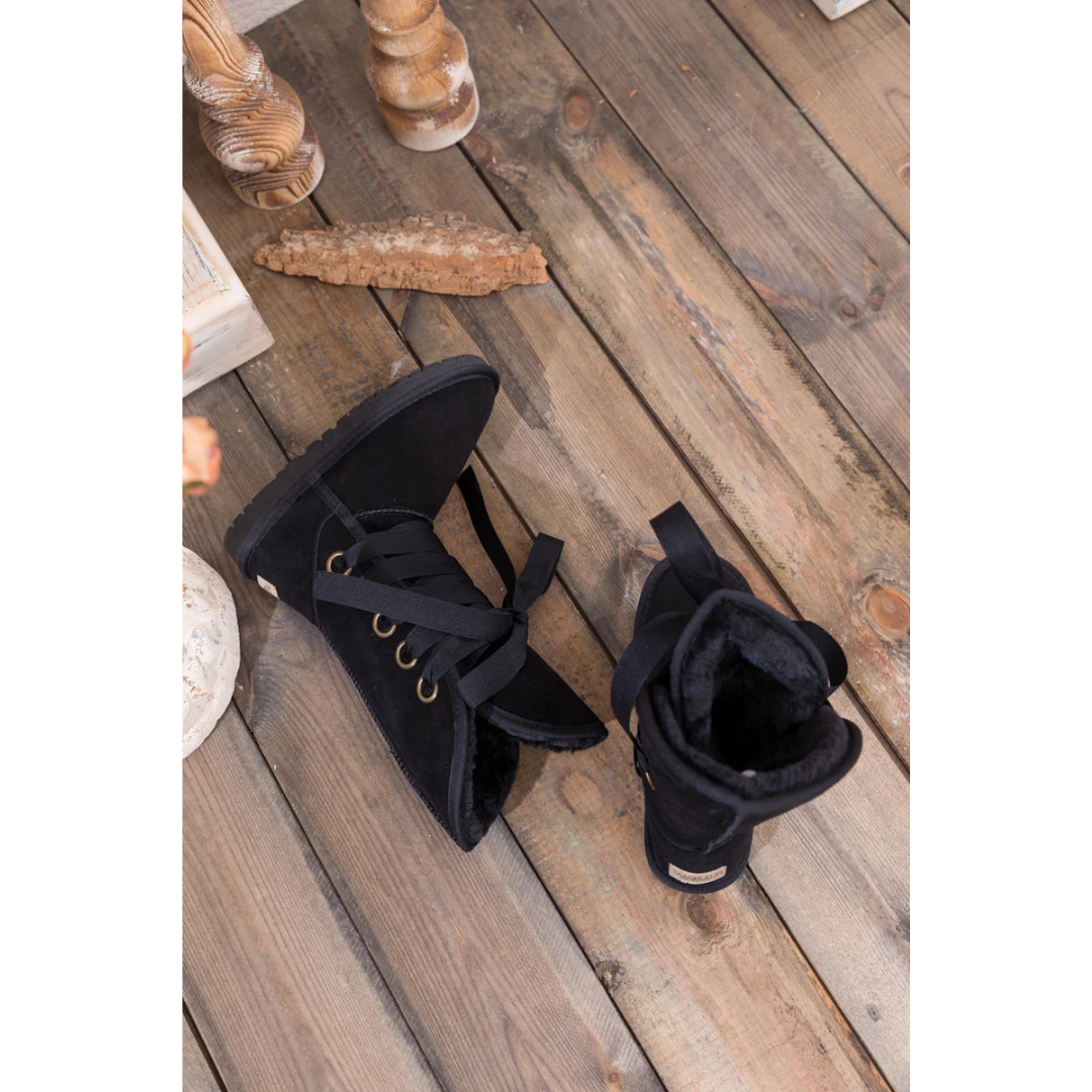 Smaibulun Black Ribbon Lace-up Faux Fur Lined Suede Boots