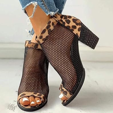 Tacones altos con punta abierta y tacón grueso de malla para mujer