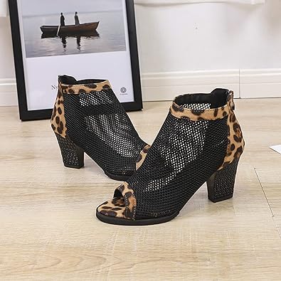Tacones altos con punta abierta y tacón grueso de malla para mujer