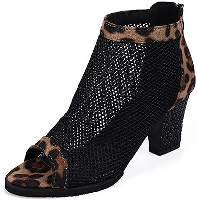 Tacones altos con punta abierta y tacón grueso de malla para mujer