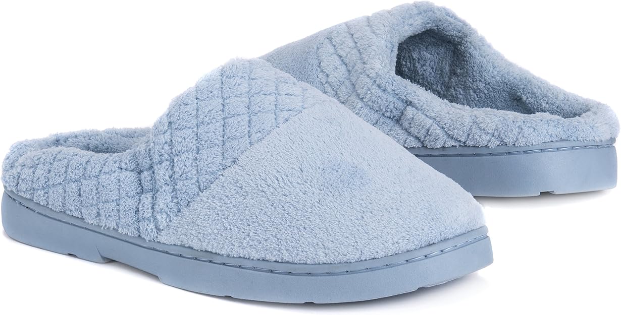 Muk Luks women's Micro Chenille Trimmed Clog Slippers-Blue